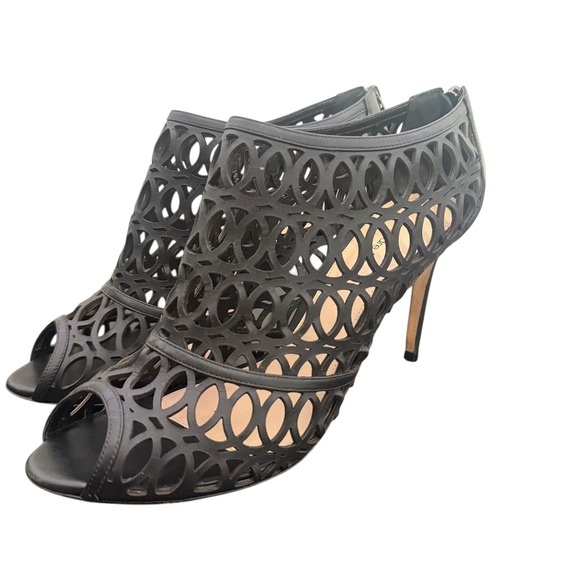 Alexandre Birman Black Leather Cut Out Heels Size 40.5 Laser Cut Peep Toe Shoes - Picture 1 of 10